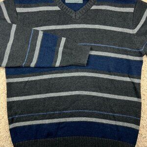 Oscar De La Renta Mens Size Large Navy Blue Gray V Neck Striped Sweater Winter